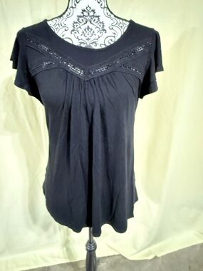 Loveappella Black Short Sleeve Top with Lace Yoke